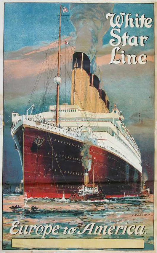 The Titanic’s sister ship, the RMS Olympic, is featured on this Montague B. Black poster for White Star Line. This original poster was printed by the Liverpool Printing & Stationary Co. circa 1920. It measures 41 by 25 1/4 inches.  It has a £2,500-£3,000 ($4,100-$4950) estimate. Image courtesy of Onslows Auctioneers.